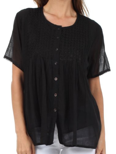 Sakkas Button Down Embroidered Short Sleeve Semi-Sheer Gauzy Cotton Top/Blouse