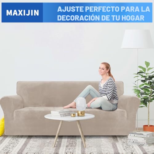 MAXIJIN Thick Velvet Sofa Cover for 3 Seater, Super Elastic Non Slip Sofa Cover, Pet Friendly 1 Piece Furniture Protector (3 Seater, Khaki)