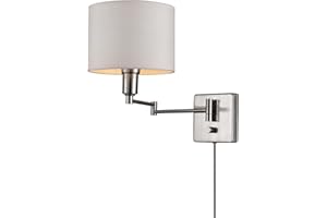 Globe Electric 65292 Bernard 1-Light Plug-in or Hardwire Wall Sconce, Brushed Steel Finish, White Fabric Shade, 6ft Clear Cor