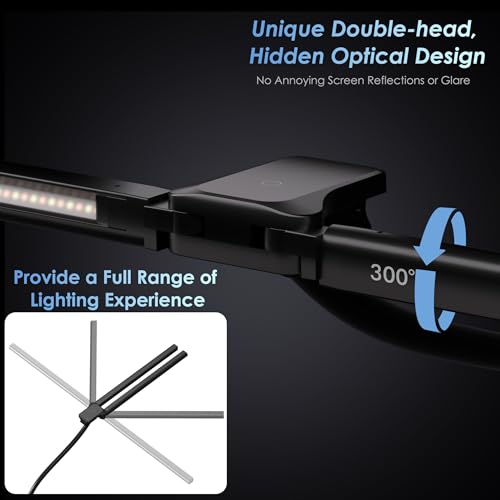 EYOCEAN 24W 80cm Dual Head Clip On Desk Lamp Daylight Desk Lamp with Remote Control Dimmable Monitor Lamp Gooseneck Eye Protection Black