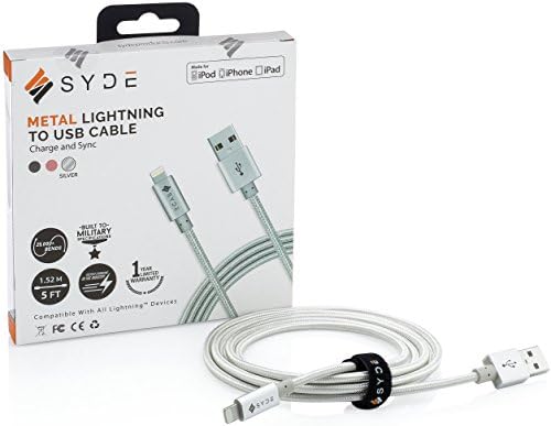 SYDE METAL MFI Apple Certified Lightning Cable Braided (5ft) โ Reinforced, Premium, Tough, Military-Grade, Double-Nylon Braided, FAST Charging Cord for iPhone, iPad, and iPod (Silver)