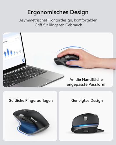 TECKNET Bluetooth Wireless Mouse (BT 5.3/5.0+2.4G), Side Mouse Wheel, Rechargeable Mouse, Ergonomic, Noiseless Click, 4800 DPI, 7 Buttons, for Mac OS, Windows, Black