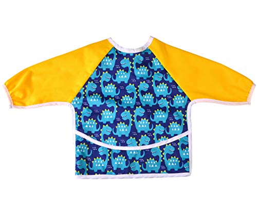 2 Pack Long Sleeved Bib Waterproof Bibs with Pocket, 6 to 24 Months Baby Girl and boy Bib (Dinosaur & Animal)