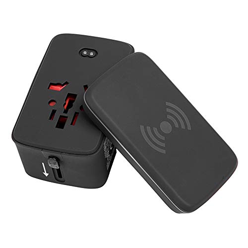 40000KM Travel Adapter with Wireless Charger Pad Universal All-in-one Plug Charger Adapter For 1500W High Power Appliances Dual Smart USB Port SW6207 (Black)