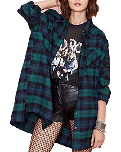 ZANZEA Loose Flannel Plaid Shirt Dress Buffalo Long Cardigan Grunge Button Down Tops Long Sleeve for Women Green US 18