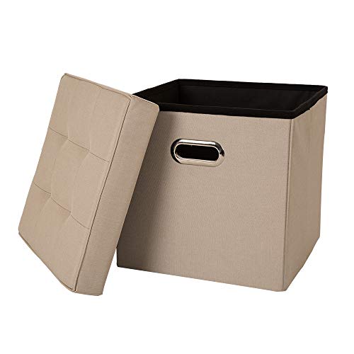 Glitzhome Foldable Linen Storage Ottoman Storage Cubes with Padded Seat Foot Rest, Cream