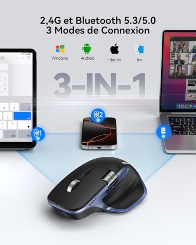 TECKNET Bluetooth Mouse, Ergonomic Wireless Mouse with 3 Modes (BT5.0/5.0+2.4G), Rechargeable, 4800 DPI Adjustable with Side Wheel Silent Mouse for Computers, Mac, PC, Windows, Blue