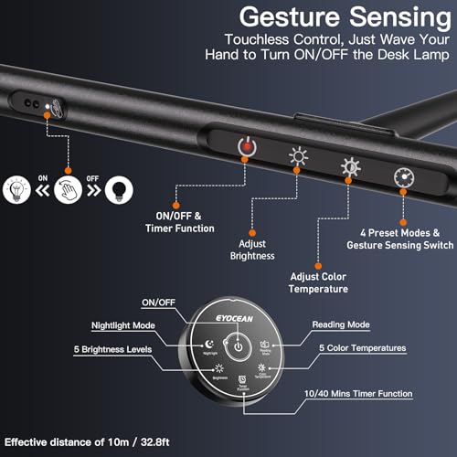EYOCEAN LED Desk Lamp, Eye Care Screen Lamp, Adjustable Dimming and Color Temperatures, with Telescopic Rod and Memory Function