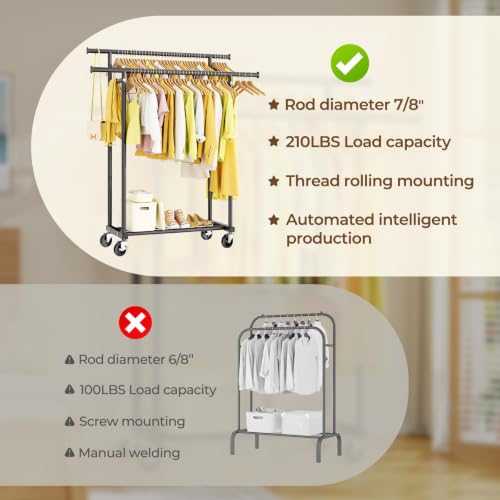 HYSEYY Double Rods Clothing Rack, Rolling Clothes Rack, Metal Garment Rack with 4 Lockable Wheels & Storage Shelf, Sturdy Coat Rack for Bedroom, Laundry, Living Room - 160H x 113W x 42D cm (Black)