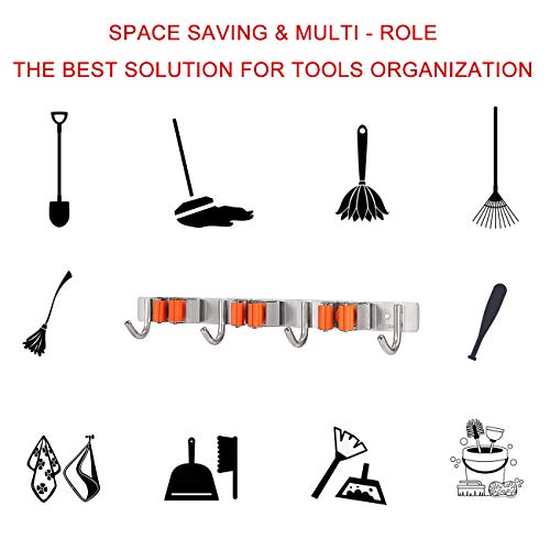 YUMORE Broom Mop Holder, Stainless Steel Heavy Duty Tools Hanger, Garden or Cleaning Tools Organizer for Kitchen Bathroom Closet Office Garden, Screw or Adhesive Installation Pack of 2 - Thumbnail 3