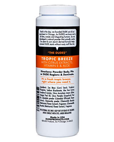 DUDE Body Powder, Tropic Breeze 4 Ounce Bottle Natural Deodorizers With Citrus Extracts & Aloe, Talc Free Formula, Corn-Starch Based Daily Post-Shower Deodorizing Powder for Men