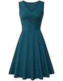 Laksmi Cotton Dress, Solid Basic V Neck A Line Retro Elegant Slim Fit Sleeveless Business Casual Midi Flared Dress,Dark Cyan S