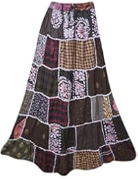 Women's Maxi Skirt Brown Patchwork Printed Casual Rayon Flared Skirts S/M