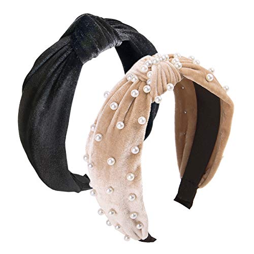 2Pcs Headbands for Women, BEBEEPOOÂ Pearl Headbands with Velvet Knotted Wide Headbands, Faux Pearl Elastic Hair Hoops Fashion Vintage Styling Hair Accessories