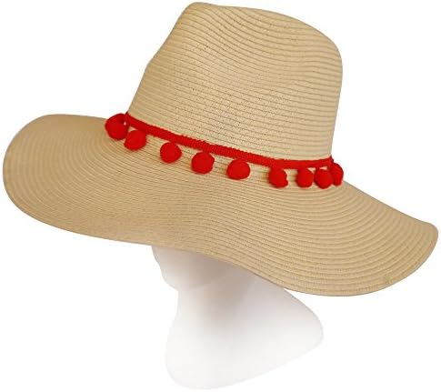 MAISON DE COCO Adjustable sized Pompom Band Panama Wide Brim Straw Fedora Hat-RD