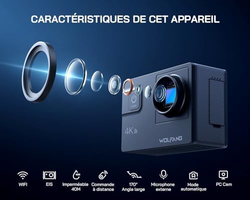 GA300 Caméra Action 4K, Étanche 40m avec Carte Mémoire 32 Go, WiFi 60FPS 24MP, Zoom 8X + Grand Angle 170° EIS, Télécommande 2.4G, Écran Tactile, 2X Batteries 1350mAh