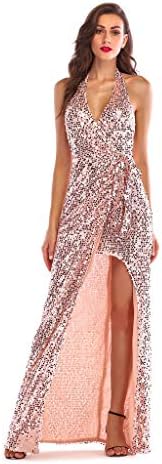Womens Sleeveless Halter Deep V-Neck Wrap Front Evening Party Floor Length Maxi Slim Dress Rose Gold Glitter Sequins High Split Bow Tie Clubwear
