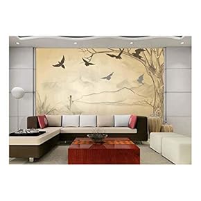 Beige Hand-Drawn Sketched Drawn Out Tree and Mountains with Silhouettes of Birds Flying - Wall Mural, Removable Sticker, Home Decor - 66x96 inches