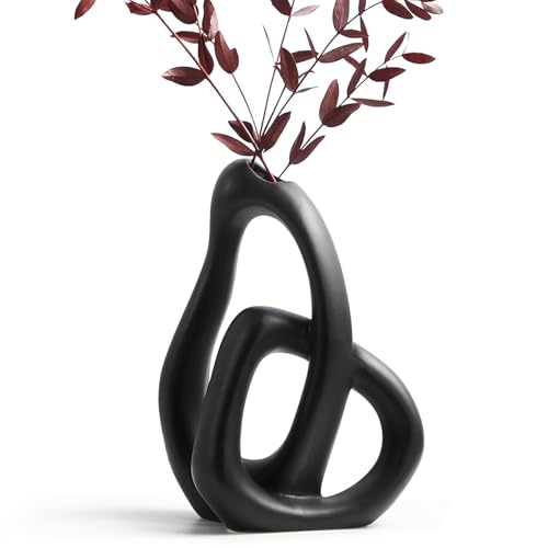 LBOYLOVE® Modern Black Ceramic Flower Vase, 9 Inch Abstract Ceramic Vase for Home Decor Aesthetic, Boho Decorative for Bouquet Pampas Grass, Living Room Bedroom Kitchen Maximalist Decor (Black)