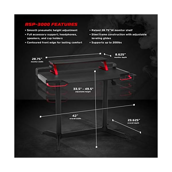 RESPAWN RSP3000 Computer Ergonomic Height Adjustable Gaming Desk, 23.625" D x 42" W x 33.5
