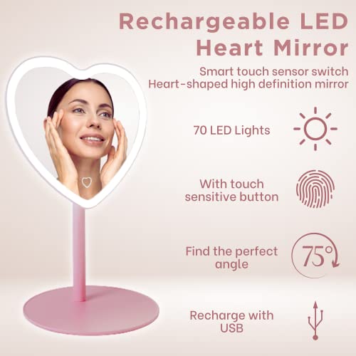 Pink Heart Mirror with Lights for Makeup Desk. Heart Shaped Mirror for Pink Room Decor. Pink