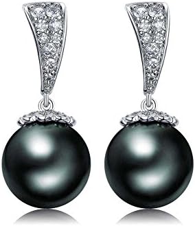 Redbarry 18k Platinum Plated Black-with-green-overtone Simulated Pearl Engagement Dangle Earrings, 0.39"