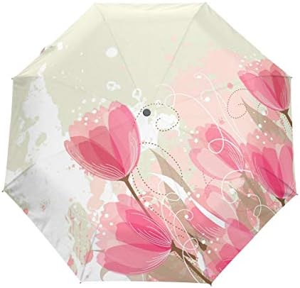 Modern Minimalist Colorful Tulip Plant Pattern Series Compact Umbrella, Fresh Style Automatic Folding Travel Umbrella, Windproof Auto Open/Close for One Handed Operation 5020712
