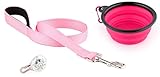 Pink Dog Leash | 3 Pack Bundle | Soft Padded Handle and Stainless Steel Swivel Clip, 5 Ft X 1 In, for Medium to Large Dogs | LED Dog Collar Blinker Light | Collapsible Pet Travel Bowl