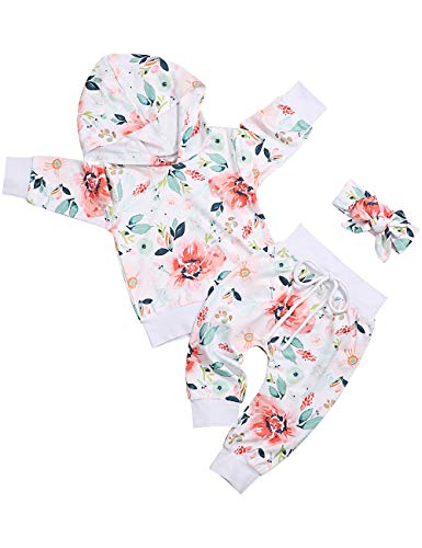 Toddler Baby Girl Clothes Long Sleeve Floral Hoodie Sweatshirt Tops Flowers Pants with Headband Infant Outfits Set(0-6M) Yellow - Thumbnail 7
