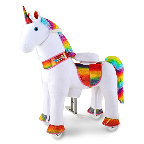 WondeRides Ride on Unicorn Horse Toys Pony Rider Rocking Horse with Wheels, 30.1 inch Height Plush Walking Animal Mechanical Riding Pony No Battery (Rainbow, Size 4 for Age 4-9)