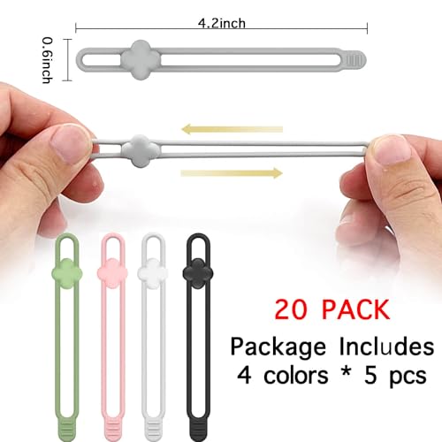 AFunCrafter Silicone Cable Ties - 20 PCS Travel Cord Organizer, Charger Wire Holder Wrap Keeper Electrical Management, Rubber Bands Office Supplies, Reusable Twist Straps for Phone USB