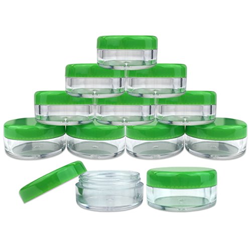 (Quantity: 500 Pieces) Beauticom 5G/5ML Round Clear Jars with GREEN Lids for Scrubs, Oils, Toner, Salves, Creams, Lotions, Makeup Samples, Lip Balms - BPA Free