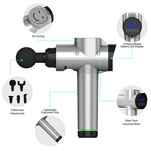 Massage Gun, Upgraded 20 Adjustable Speed Deep Tissue Percussion Muscle Rechargeable Massager - with 6 Massage Heads and Portable Bag for Deep Handheld Muscle Tissue Electric Body Massage, Silver