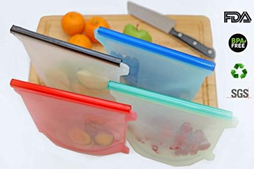 Reusable 100% pure silicone Ziplock Snack Sandwich lunch food Bags Easy to Clean good for Storage and Cabinets Eco-Friendly Perfect for Microwave Sous-vide Oven Dishwasher Freezer Cooking Utensil 4pcs