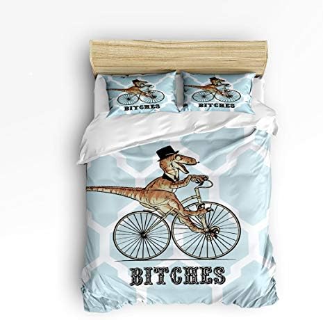3 Piece Bedding Printed Duvet Cover Set King, Funny Dinosaur Riding Bike Bitches Hotel Quality Luxury Plush Microfiber - Soft and Durable - Wrinkle, Fade and Stain Resistant - Machine Washable