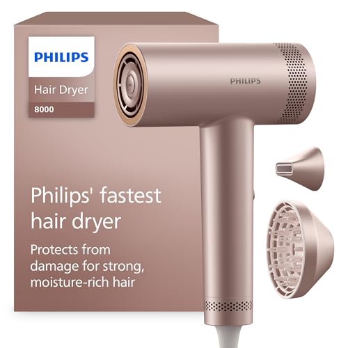 Philips Secador Serie 8000 - con ThermoShield Advanced y motor DC sin cepillo para un secado rápido y cuidado del cuero cabelludo, 1400 W, Rosa Champagne, con boquilla y difusor, modelo BHD837/10