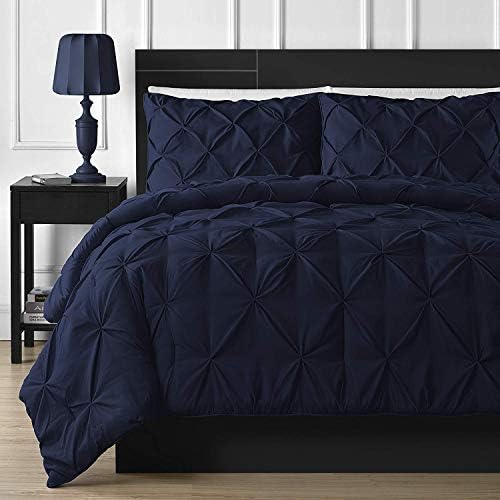Linens And More Moden Luxury ➤-Bedding 3-Piece Pinch Pleat Comforter Set All Season Pintuck Style Double Needle Durable Stitching, (Navy, Full/Queen)