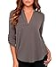 TuiFallen Women's V Neck Solid Loose Casual Cuffed Summer Long Sleeve Blouses Black Grey XX-Large