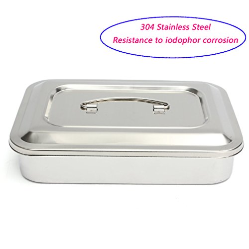 Medical 304 Stainless Steel Instrument Tray Lab Instrument Dental Tool Organizer Holder with Lid and Handle Grip Size 12"x8"x2"