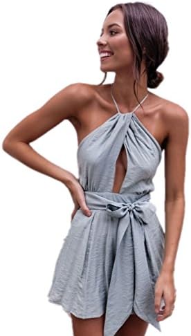 Lujiumaoyi Womens Sexy Chiffon Backless Playsuit Deep V-neck Slim Romper Jumpsuit, Gray, Small