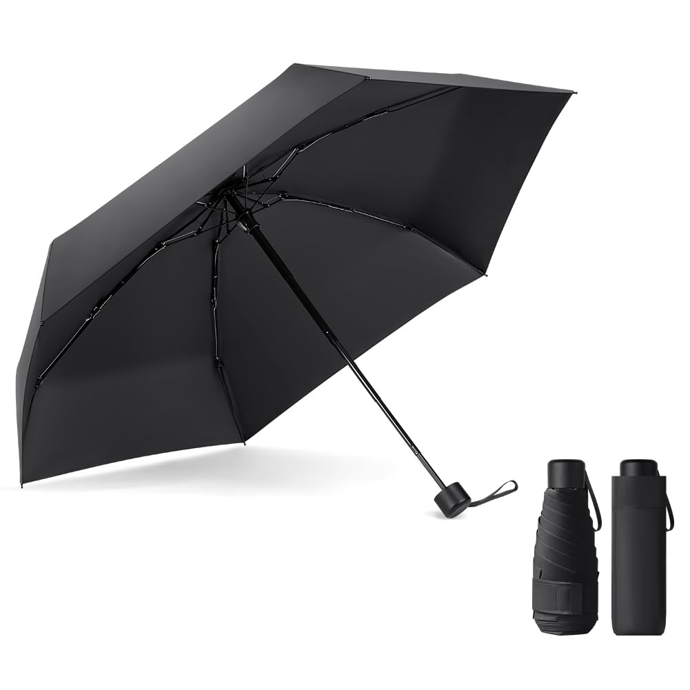 Vicloon Mini Travel Umbrella, Black Compact Folding Umbrella, Small Light-Weight Waterproof Umbrella, Rain and Sun Umbrella for Women Men and Kids（Black）