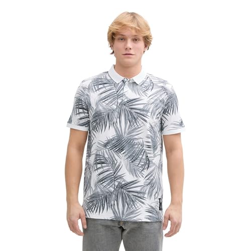 TOM TAILOR Denim Polo para Hombre, 37547 - White Black Leaves Print, S