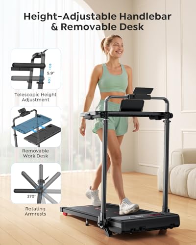 HomeTro Folding Treadmill with 7% Incline, 2-in-1 Walking Pad and Under Desk Treadmill for Home Office, Adjustable Handrail & Detachable Desk Board, Quiet 3.0 HP Motor, App & Remote Control