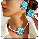 Systechy Large Flower Necklace Earrings Set Camellia Pearl Choker Necklace Earring Set Boho Colorful Flower Statement Necklace Earrings Set Fashion Wedding Party Holiday Jewelry for Women