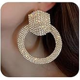 Jumwrit Rhinestone Large Hoop Earrings Big Round Circle Earrings Statement Dangle Earrings Fashion Geometric Circle Earrings for Women（Gold）