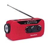Tiemahun Solar/Hand Cranked Emergency Dynamo Powered AM/FM/NOAA Radio LED Flashlight Lantern 2000mAh Power Bank with Earphone Jack & Battery Power Indicator (Red)