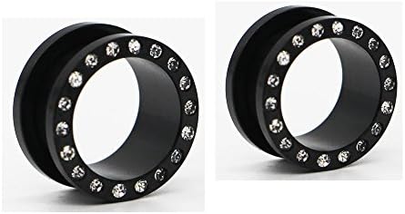 Yunsion Stainless Steel Anodized Black Screw Fit Clear Rhinestone Gem Ear Tunnel Plug Gauges Stretcher Body Jewelry 1 Pair 8mm=0g