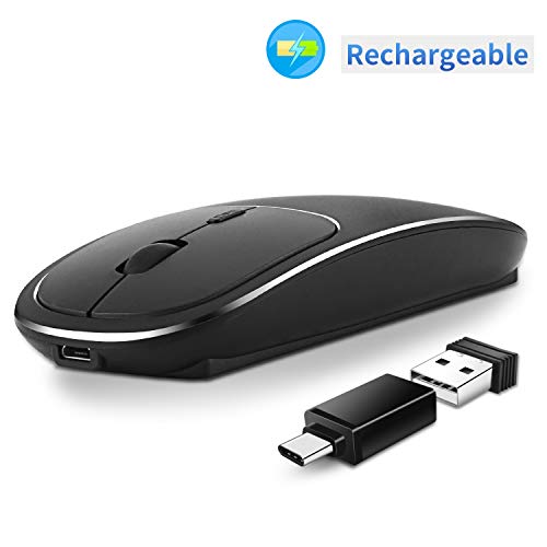Rechargeable Wireless Mouse, Metal 2.4G Silent Click Type C Laptop Mouse Wireless, Slim Portable USB-C Mac Mouse, Compatible with Notebook,PC (Black)