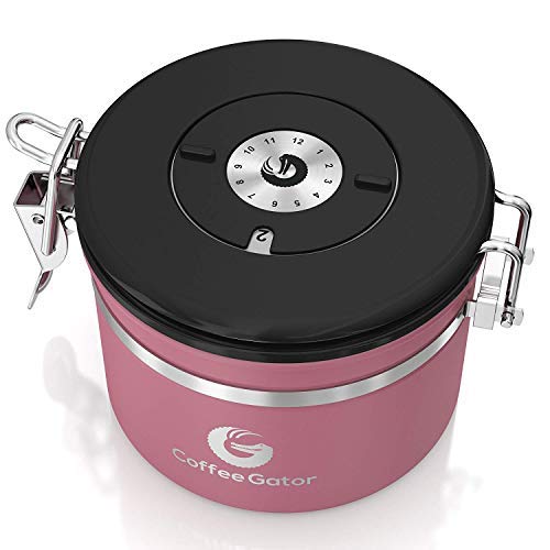 Coffee Canister - Coffee Gator Stainless Steel Coffee Container - Fresher Beans and Grounds for Longer - Date-Tracker, CO2-Release Valve and Measuring Scoop - Small, Pink