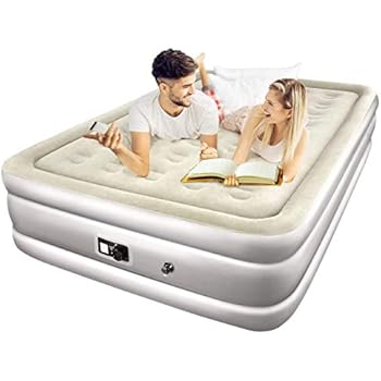 Homitt Queen Air Mattress, Airbed with Built-in Electric Pump, Flocked Fabrics/Pongee Fabrics & Extra Thick PVC, Storage Bag, Easy Setup for Indoors and Outdoors Use